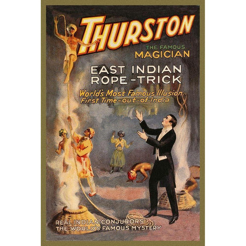 Magicians: East Indian Rope Trick: Thurston the Famous Magician Gold Ornate Wood Framed Art Print with Double Matting by Strobridge