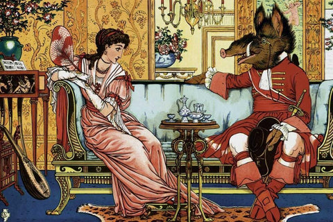 Beauty and the Beast  - The Courtship Black Ornate Wood Framed Art Print with Double Matting by Crane, Walter