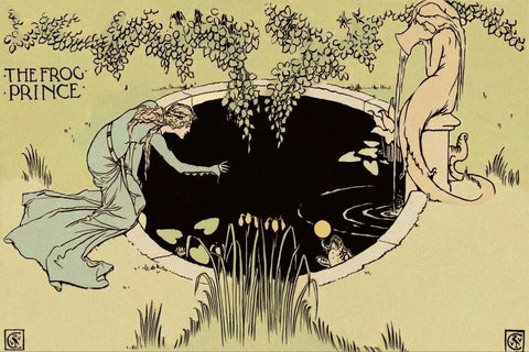 Frog Prince - The Fountain Black Ornate Wood Framed Art Print with Double Matting by Crane, Walter