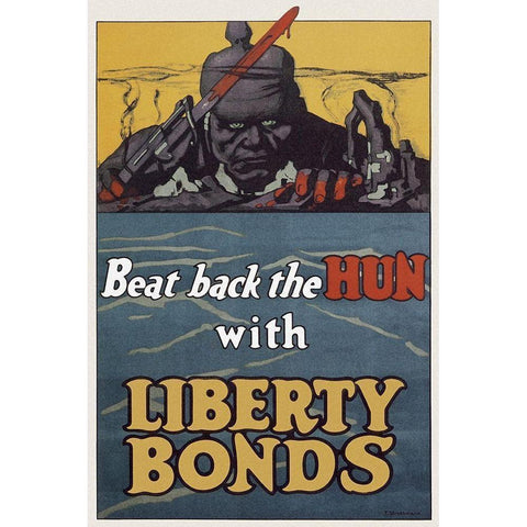 WWI: Beat Back The Hun With Liberty Bonds Black Modern Wood Framed Art Print with Double Matting by Unknown