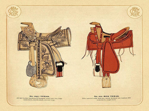 Saddles and Tack: Texas and Red Texas Saddles Black Ornate Wood Framed Art Print with Double Matting by Unknown
