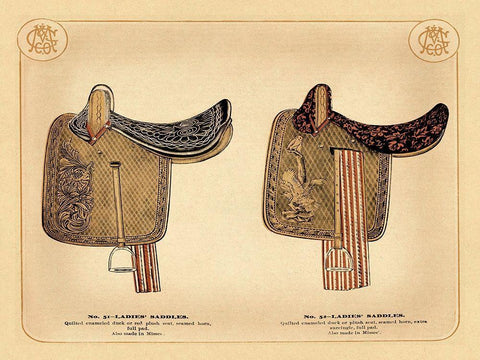 Saddles and Tack: Ladies Saddles #1 Black Ornate Wood Framed Art Print with Double Matting by Unknown