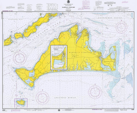 Nautical Chart - Marthas Vineyard ca. 1975 Black Ornate Wood Framed Art Print with Double Matting by NOAA Historical Map and Chart Collection