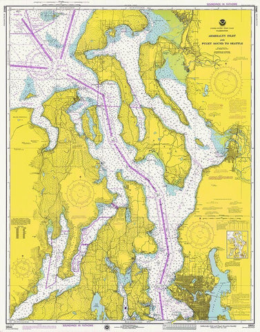 Nautical Chart - Admiralty Inlet and Puget Sound to Seattle ca. 1975 White Modern Wood Framed Art Print with Double Matting by NOAA Historical Map and Chart Collection