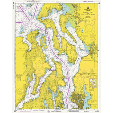 Nautical Chart - Admiralty Inlet and Puget Sound to Seattle ca. 1975 Gold Ornate Wood Framed Art Print with Double Matting by NOAA Historical Map and Chart Collection