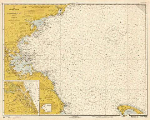 Nautical Chart - Massachusetts Bay ca. 1970 - Sepia Tinted Black Ornate Wood Framed Art Print with Double Matting by NOAA Historical Map and Chart Collection