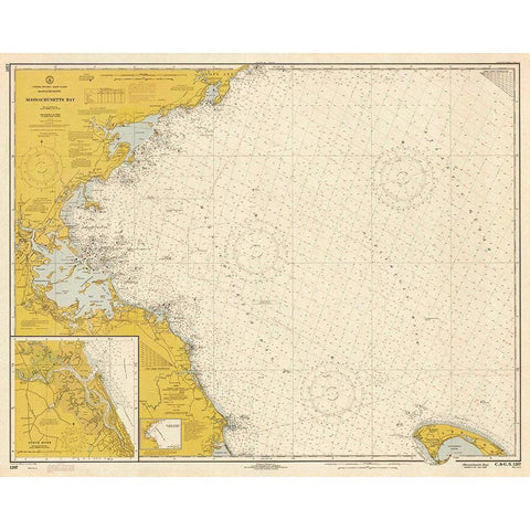 Nautical Chart - Massachusetts Bay ca. 1970 - Sepia Tinted Black Modern Wood Framed Art Print with Double Matting by NOAA Historical Map and Chart Collection