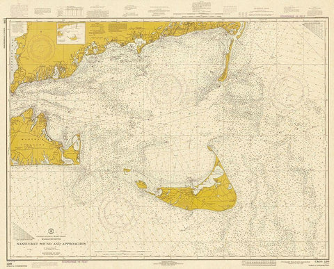Nautical Chart - Nantucket Sound and Approaches ca. 1973 - Sepia Tinted White Modern Wood Framed Art Print with Double Matting by NOAA Historical Map and Chart Collection