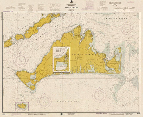Nautical Chart - Marthas Vineyard ca. 1975 - Sepia Tinted Black Ornate Wood Framed Art Print with Double Matting by NOAA Historical Map and Chart Collection
