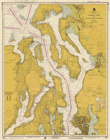 Nautical Chart - Admiralty Inlet and Puget Sound to Seattle ca. 1975 - Sepia Tinted Black Ornate Wood Framed Art Print with Double Matting by NOAA Historical Map and Chart Collection