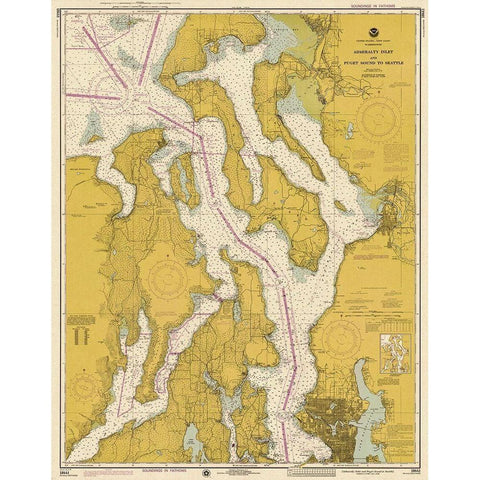 Nautical Chart - Admiralty Inlet and Puget Sound to Seattle ca. 1975 - Sepia Tinted White Modern Wood Framed Art Print by NOAA Historical Map and Chart Collection