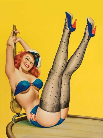 Mid-Century Pin-Ups - Flirt Magazine - Sailor Girl Black Ornate Wood Framed Art Print with Double Matting by Driben, Peter