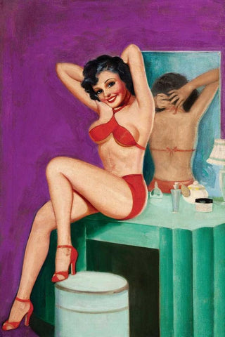Mid-Century Pin-Ups - Bedtime Stories Black Ornate Wood Framed Art Print with Double Matting by Driben, Peter