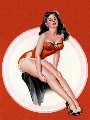 Mid-Century Pin-Ups - Eyeful Magazine - Brunette in a Red Bathing suit Black Ornate Wood Framed Art Print with Double Matting by Driben, Peter