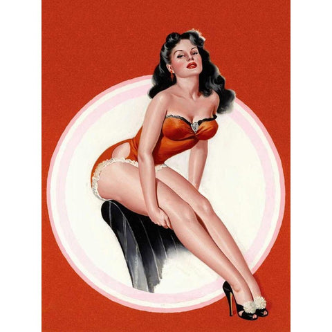 Mid-Century Pin-Ups - Eyeful Magazine - Brunette in a Red Bathing suit Gold Ornate Wood Framed Art Print with Double Matting by Driben, Peter
