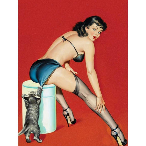 Mid-Century Pin-Ups - Flirt Magazine - Playful Pussy White Modern Wood Framed Art Print by Driben, Peter