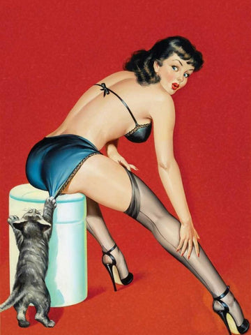Mid-Century Pin-Ups - Flirt Magazine - Playful Pussy Black Ornate Wood Framed Art Print with Double Matting by Driben, Peter