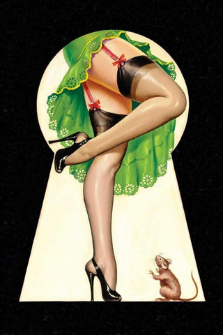 Mid-Century Pin-Ups - Through the Keyhole Black Ornate Wood Framed Art Print with Double Matting by Driben, Peter