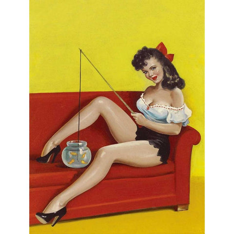 Mid-Century Pin-Ups - Joker Magazine - Fishin n funny Black Modern Wood Framed Art Print with Double Matting by Driben, Peter