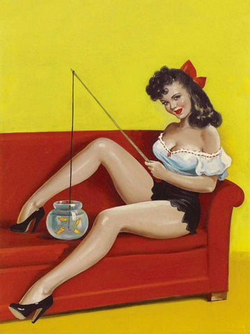 Mid-Century Pin-Ups - Joker Magazine - Fishin n funny White Modern Wood Framed Art Print with Double Matting by Driben, Peter