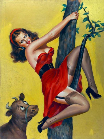 Mid-Century Pin-Ups - Moo - Up a tree White Modern Wood Framed Art Print with Double Matting by Driben, Peter