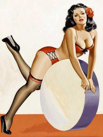 Mid-Century Pin-Ups - Over a drum White Modern Wood Framed Art Print with Double Matting by Driben, Peter