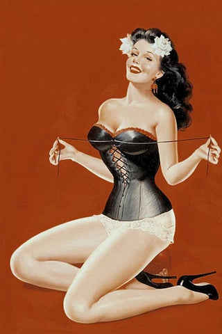 Mid-Century Pin-Ups - Lacing her bra White Modern Wood Framed Art Print with Double Matting by Driben, Peter