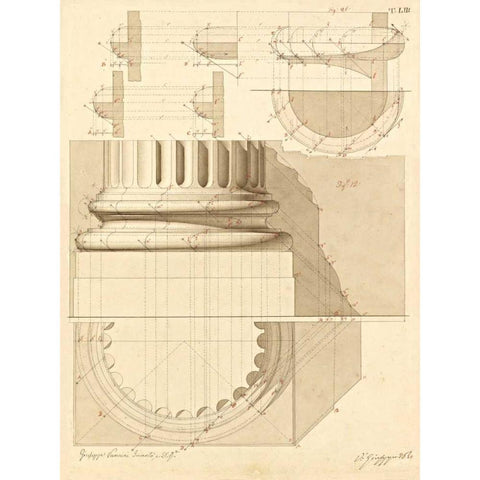 Plate 53 for Elements of Civil Architecture, ca. 1818-1850 Gold Ornate Wood Framed Art Print with Double Matting by Vannini, Giuseppe