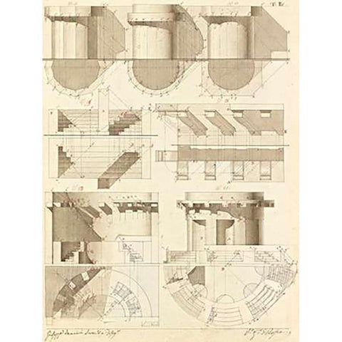 Plate 50 for Elements of Civil Architecture, ca. 1818-1850 Gold Ornate Wood Framed Art Print with Double Matting by Vannini, Giuseppe