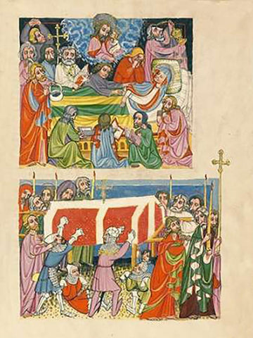 The Death of the Virgin; The Punishment of the Mockers White Modern Wood Framed Art Print with Double Matting by German 15th Century