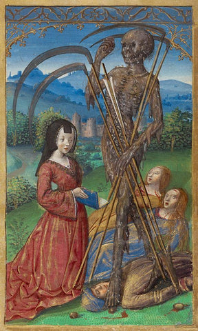 Denise Poncher before a Vision of Death White Modern Wood Framed Art Print with Double Matting by Master of the Chronique scandaleuse