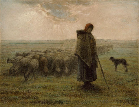 Shepherdess and Her Flock Black Ornate Wood Framed Art Print with Double Matting by Millet, Jean-FranÃ§ois