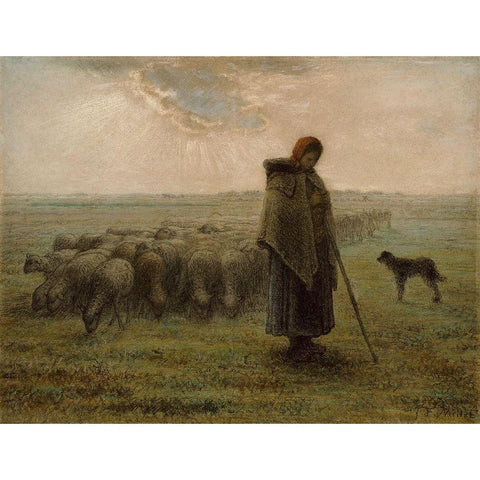 Shepherdess and Her Flock Gold Ornate Wood Framed Art Print with Double Matting by Millet, Jean-FranÃ§ois