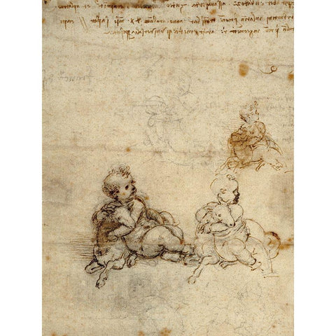 Studies for the Christ Child with a Lamb (recto) White Modern Wood Framed Art Print by Da Vinci, Leonardo