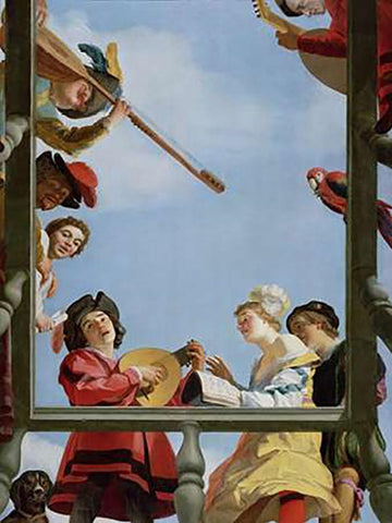 Musical Group on a Balcony White Modern Wood Framed Art Print with Double Matting by Van Honthorst, Gerrit