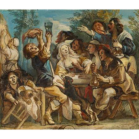 A Merry Company Black Modern Wood Framed Art Print with Double Matting by Jordaens, Jacob