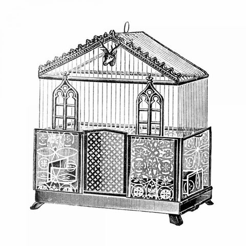 Etchings: Birdcage - Peaked top, patterned base, windows and deer head detail. Black Ornate Wood Framed Art Print with Double Matting by Catalog Illustration