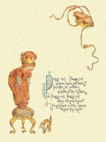 Nursery Rhymes: Pussy Cat, Pussy Cat White Modern Wood Framed Art Print with Double Matting by Humphrey, Maud