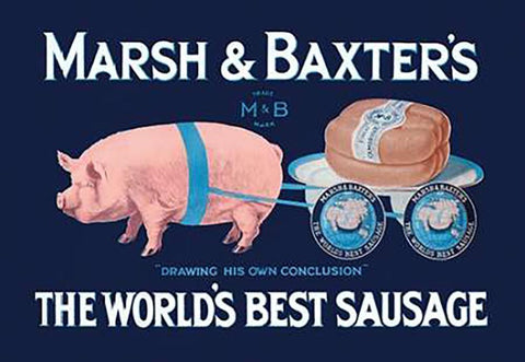 Pigs and Pork: Marsh and Baxters Worlds Best Sausage Black Ornate Wood Framed Art Print with Double Matting by Advertisement