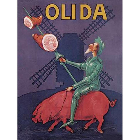 Pigs and Pork: Don Quixote Riding a Pig White Modern Wood Framed Art Print by Advertisement