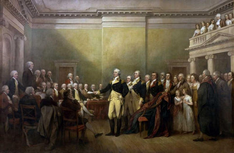 General George Washington Resigning his Commission White Modern Wood Framed Art Print with Double Matting by Trumbull, John