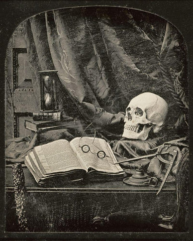Still Life with Skull, Open Book with Glasses, and Hourglass White Modern Wood Framed Art Print with Double Matting by Williams, Thomas Richard