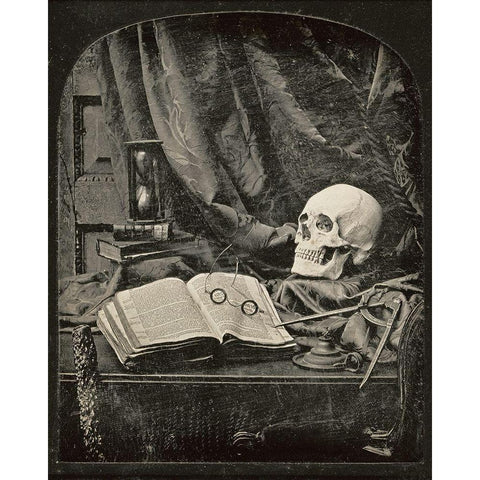 Still Life with Skull, Open Book with Glasses, and Hourglass Black Modern Wood Framed Art Print by Williams, Thomas Richard