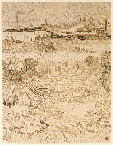 Arles:  View from the Wheatfields Black Ornate Wood Framed Art Print with Double Matting by Van Gogh, Vincent