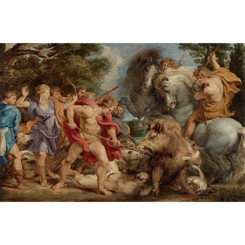 The Calydonian Boar Hunt Black Modern Wood Framed Art Print with Double Matting by Rubens, Peter Paul