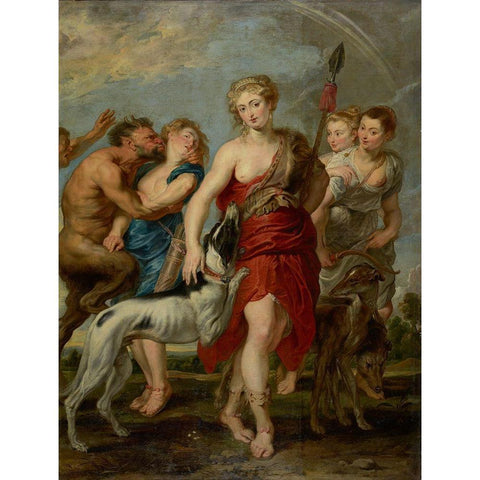 Diana and Her Nymphs on the Hunt Black Modern Wood Framed Art Print with Double Matting by Peter Paul Rubens, Workshop of