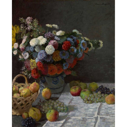 Still Life with Flowers and Fruit Gold Ornate Wood Framed Art Print with Double Matting by Monet, Claude