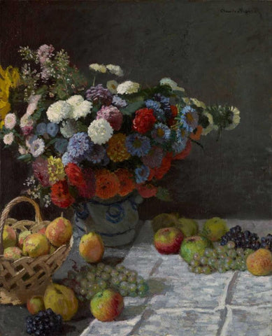 Still Life with Flowers and Fruit Black Ornate Wood Framed Art Print with Double Matting by Monet, Claude