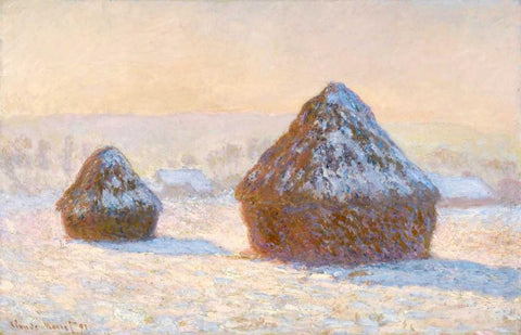 Wheatstacks, Snow Effect, Morning - Meules, Effet de Neige, Le Matin White Modern Wood Framed Art Print with Double Matting by Monet, Claude