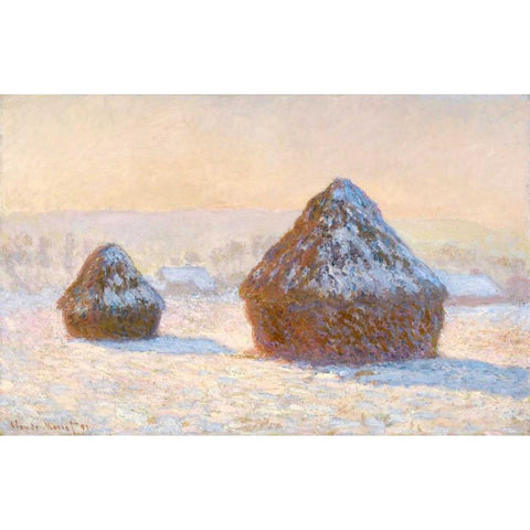 Wheatstacks, Snow Effect, Morning - Meules, Effet de Neige, Le Matin White Modern Wood Framed Art Print by Monet, Claude